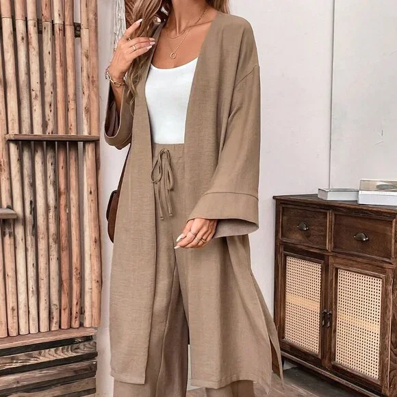 Khaki Casual Women's Loose Long Coat And Wide Leg Pants Set